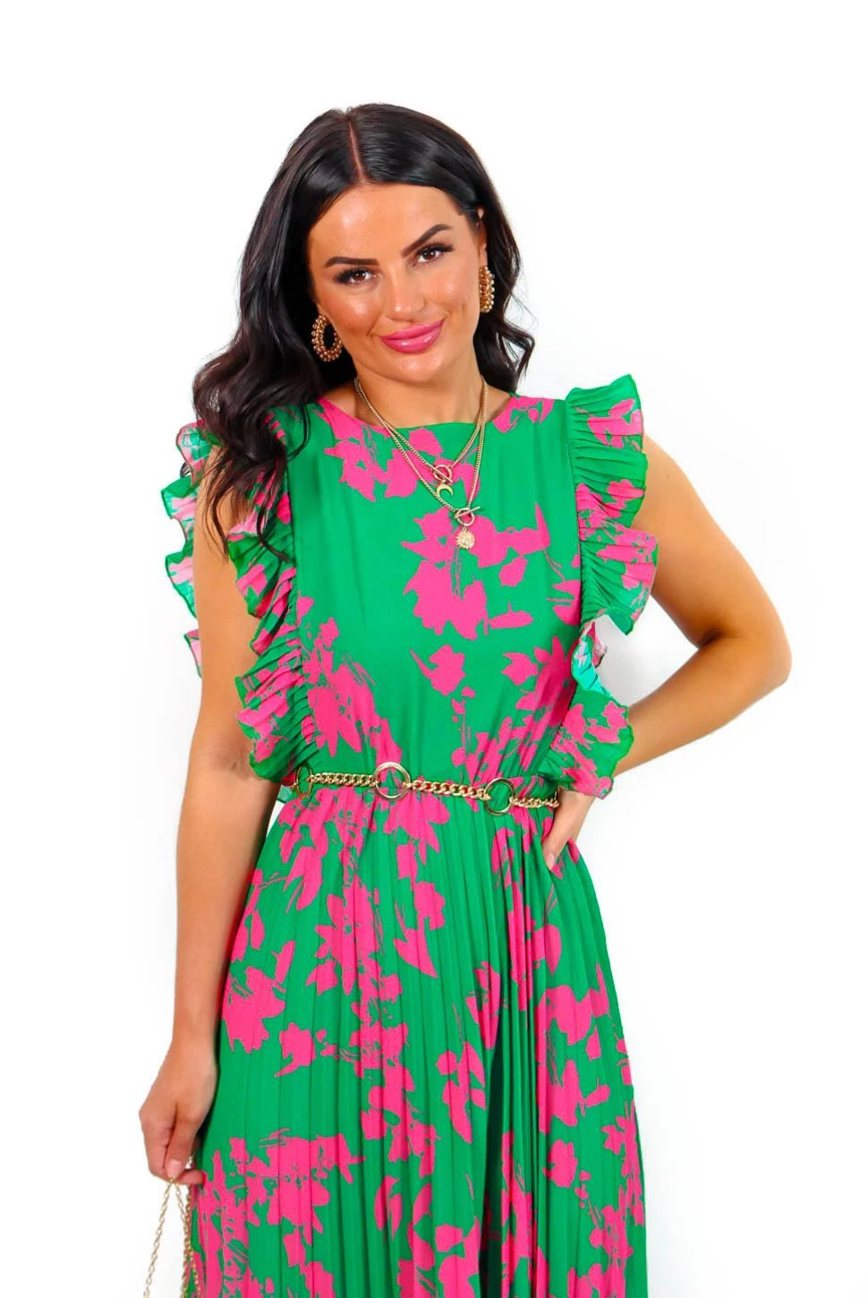 Mamma Mia - Green Pink Floral Pleated Maxi Dress 4 Mamma Mia - Green Pink Floral Pleated Maxi Dress - Image 4