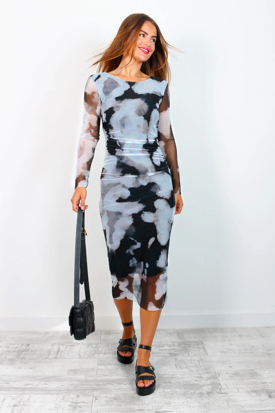 Mesh You Up - Black Grey Printed Ruched Midi Dress 3 Mesh You Up - Black Grey Printed Ruched Midi Dress - Image 3