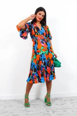 Miss Independent - Blue Orange Tropical Pleated Midi Dress 10 Miss Independent - Blue Orange Tropical Pleated Midi Dress -Fashion Clothing Store MissIndependent BlueOrangeTropicalPleatedMidiDress1