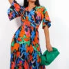 Miss Independent - Blue Orange Tropical Pleated Midi Dress
