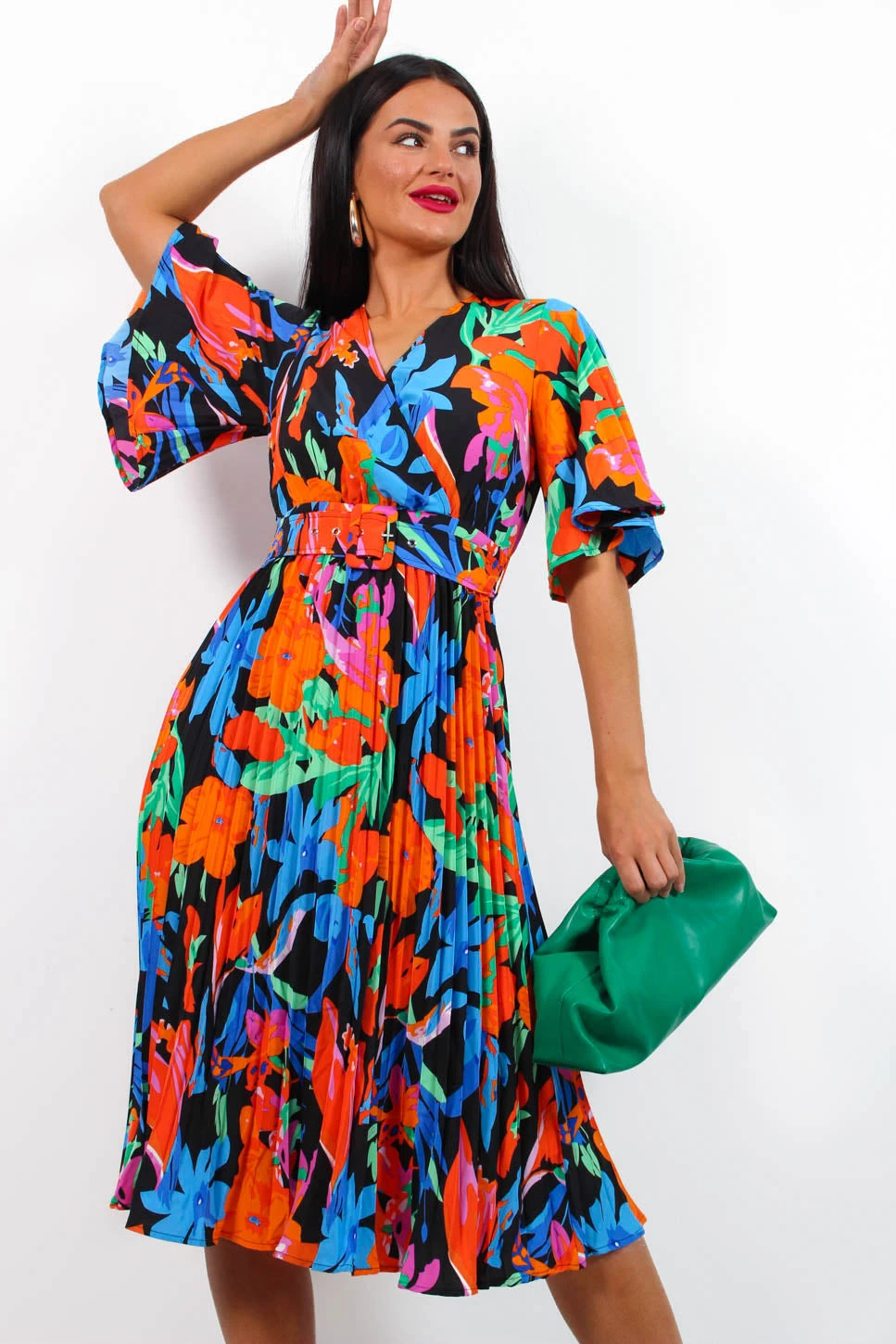 Miss Independent - Blue Orange Tropical Pleated Midi Dress 1 Miss Independent - Blue Orange Tropical Pleated Midi Dress
