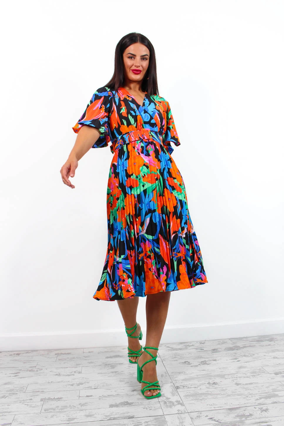 Miss Independent - Blue Orange Tropical Pleated Midi Dress 2 Miss Independent - Blue Orange Tropical Pleated Midi Dress - Image 2