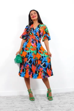 Miss Independent - Blue Orange Tropical Pleated Midi Dress 8 Miss Independent - Blue Orange Tropical Pleated Midi Dress -Fashion Clothing Store MissIndependent BlueOrangeTropicalPleatedMidiDress6