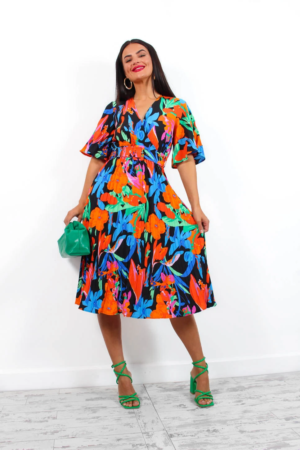 Miss Independent - Blue Orange Tropical Pleated Midi Dress 3 Miss Independent - Blue Orange Tropical Pleated Midi Dress - Image 3