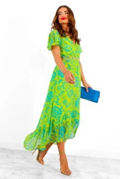 Missed Me? - Green Blue Floral Lurex Midi Dress -Fashion Clothing Store MissedMe GreenBlueFloralLurexMidiDress 2