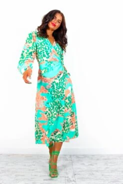 Modern Love - Green Peach Leopard Midi Wrap Dress -Fashion Clothing Store ModernLove GreenPeachLeopardMidiWrapDress2