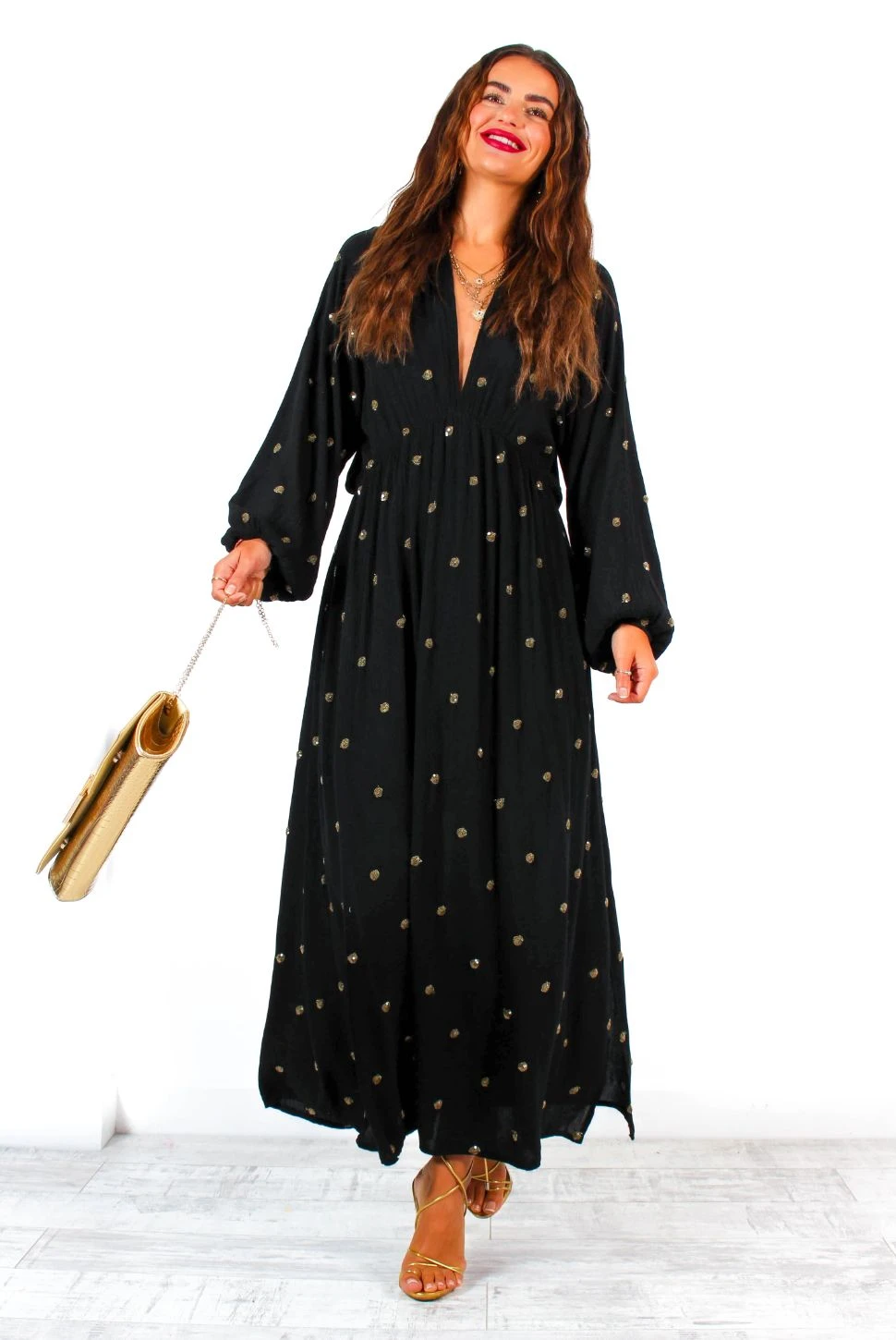 Moment Of Serendipity - Black Gold Sequin Boho Maxi Dress 5 Moment Of Serendipity - Black Gold Sequin Boho Maxi Dress - Image 5
