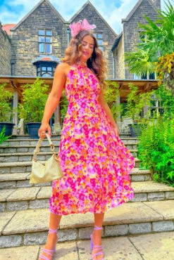 More Than A Woman - Pink Floral Pleated Halter Neck Midi Dress