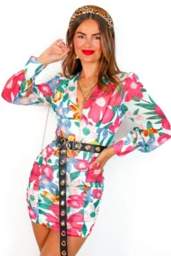 More Than Pretty - Pink Multi Floral Ruched Mini Dress -Fashion Clothing Store MoreThanPretty PinkMultiFloralRuchedMiniDress 5