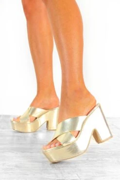 Fashion Clothing Store 12 Moving On - Gold Platform Heeled Mules