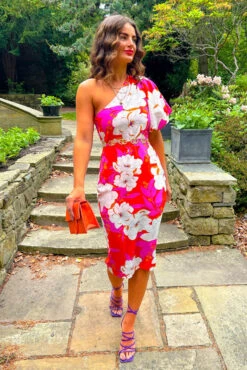 New Arrival -Fashion Clothing Store Never Looked Better Pink Orange Floral One Shoulder Midi Dress 4