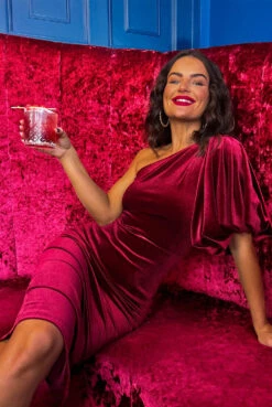 New Arrival -Fashion Clothing Store Never Looked Better Wine Velvet One Shoulder Midi Dress