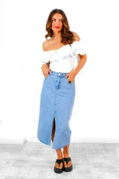 No Promises - Blue Denim Split Front Midi Skirt -Fashion Clothing Store NoPromises BlueDenimSplitFrontMidiSkirt 5