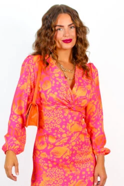 No Regrets - Pink Orange Abstract Twist Front Midi Dress -Fashion Clothing Store NoRegrets PinkOrangeAbstractTwistFrontMidiDress