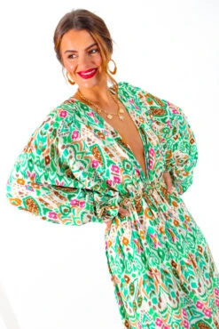 Not Just A Vibe - Cream Green Abstract Boho Midi Dress -Fashion Clothing Store NotJustAVibe CreamGreenAbstractBohoMidiDress 1