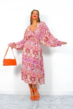 Not Just A Vibe - Cream Magenta Abstract Boho Midi Dress -Fashion Clothing Store NotJustAVibe CreamMagentaAbstractBohoMidiDress 1