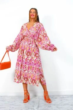 Not Just A Vibe - Cream Magenta Abstract Boho Midi Dress -Fashion Clothing Store NotJustAVibe CreamMagentaAbstractBohoMidiDress 2