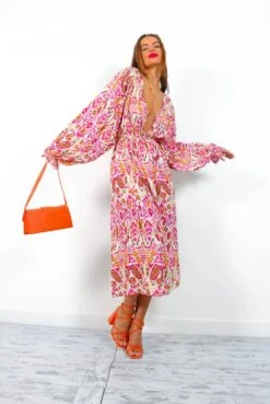 Not Just A Vibe - Cream Magenta Abstract Boho Midi Dress