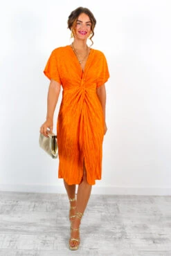 Not My Problem - Orange Plisse Knot Front Midi Dress