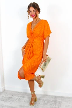 Not My Problem - Orange Plisse Knot Front Midi Dress -Fashion Clothing Store NotMyProblem OrangePlisseKnotFrontMidiDress 4