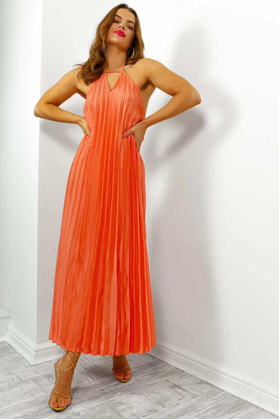 Oh So Darling - Coral Halter Neck Pleated Maxi Dress 4 Oh So Darling - Coral Halter Neck Pleated Maxi Dress - Image 4