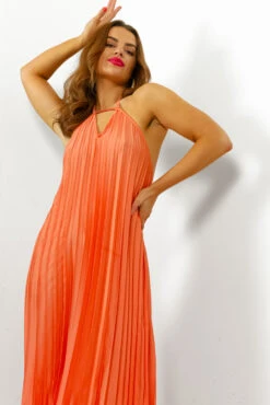 Oh So Darling - Coral Halter Neck Pleated Maxi Dress 7 Oh So Darling - Coral Halter Neck Pleated Maxi Dress -Fashion Clothing Store OhSoDarling CoralHalterNeckPleatedMaxiDress2