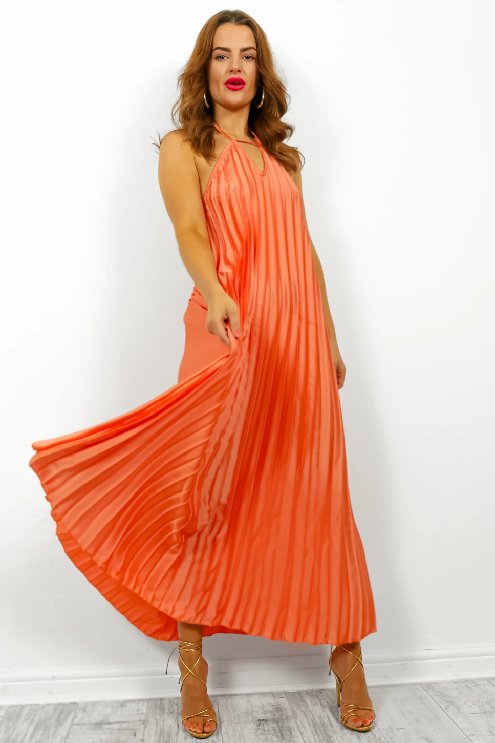 Oh So Darling - Coral Halter Neck Pleated Maxi Dress 5 Oh So Darling - Coral Halter Neck Pleated Maxi Dress - Image 5