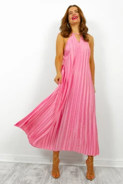 Oh So Darling - Pink Halter Neck Pleated Maxi Dress -Fashion Clothing Store OhSoDarling PinkHalterNeckPleatedMaxiDress6