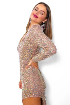 On My Good Side - Nude Asymmetrical Sequin Midi Dress -Fashion Clothing Store OnMyGoodSide NudeAsymmetricalSequinMidiDress 12