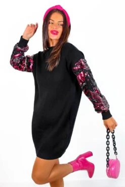 On Thin Ice - Black Pink Sequin Sleeve Jumper Dress -Fashion Clothing Store OnThinIce BlackPinkSequinSleeveJumperDress 5