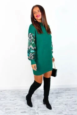 New Arrival 9 On Thin Ice - Forest Green Sequin Sleeve Jumper Dress