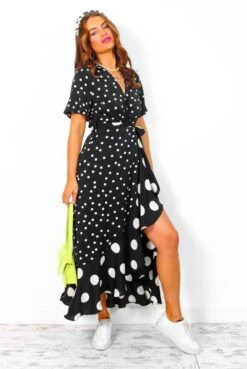 Out Your League - Black White Polka Dot Midi Dress