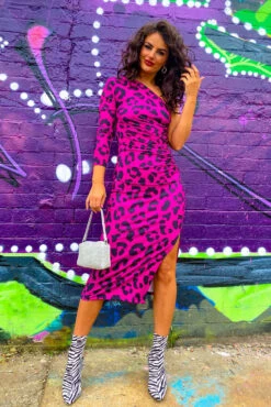 Over My Shoulder - Magenta Leopard Print Midi Dress