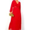 Penny For Your Thoughts - Red Ruffle Plunge Pleated Midi Dress
