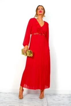 Penny For Your Thoughts - Red Ruffle Plunge Pleated Midi Dress