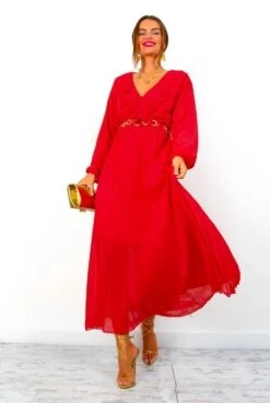 Penny For Your Thoughts - Red Ruffle Plunge Pleated Midi Dress -Fashion Clothing Store PennyForYourThoughts RedRufflePlungePleatedMidiDress 3