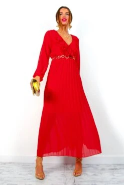 Penny For Your Thoughts - Red Ruffle Plunge Pleated Midi Dress -Fashion Clothing Store PennyForYourThoughts RedRufflePlungePleatedMidiDress 5