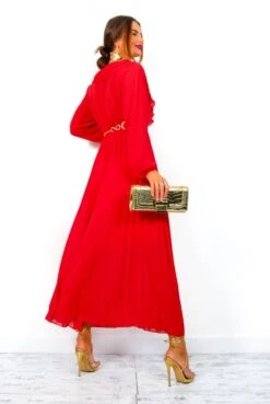 Penny For Your Thoughts - Red Ruffle Plunge Pleated Midi Dress -Fashion Clothing Store PennyForYourThoughts RedRufflePlungePleatedMidiDress 6