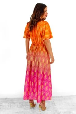 Places To Be - Orange Pink Ombre Geometric Print Midi Dress -Fashion Clothing Store PlacesToBe OrangePinkOmbreGeometricPrintMidiDress 1