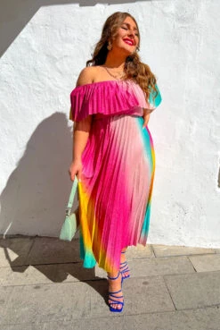 Pleat About Me - Multi Ombre Lurex Pleated Bardot Maxi Dress -Fashion Clothing Store Pleat About Me Multi Ombre Lurex Pleated Bardot Maxi Dress3