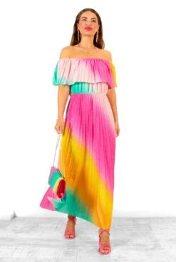 Pleat About Me - Multi Ombre Lurex Pleated Bardot Maxi Dress -Fashion Clothing Store PleatAboutMe MultiOmbreLurexPleatedBardotMaxiDress 2