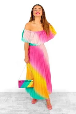 Pleat About Me - Multi Ombre Lurex Pleated Bardot Maxi Dress -Fashion Clothing Store PleatAboutMe MultiOmbreLurexPleatedBardotMaxiDress 4