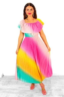 Pleat About Me - Multi Ombre Lurex Pleated Bardot Maxi Dress -Fashion Clothing Store PleatAboutMe MultiOmbreLurexPleatedBardotMaxiDress 7