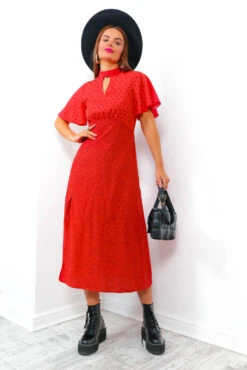 Providing The Tea - Red Polka Dot Midi Dress -Fashion Clothing Store ProvidingTheTea RedPolkaDotMidiDress4