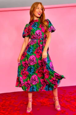 Pure Beauty - Green Pink Rose Print Pleated Midi Dress -Fashion Clothing Store Pure Beauty Green Pink Rose Print Pleated Midi Dress
