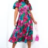 Pure Beauty - Green Pink Rose Print Pleated Midi Dress