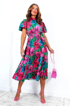 Pure Beauty - Green Pink Rose Print Pleated Midi Dress