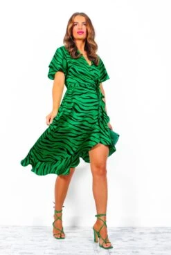 Queue The Compliments - Green Black Zebra Print Midi Wrap Dress -Fashion Clothing Store QueueTheCompliments GreenBlackZebraPrintMidiWrapDress 2