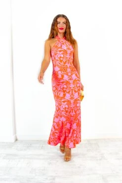 Real Life Fantasy - Orange Pink Floral Halter Neck Maxi Dress -Fashion Clothing Store RealLifeFantasy OrangePinkFloralHalterNeckMaxiDress2