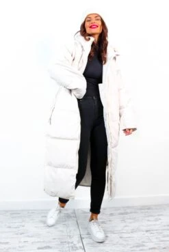 Rock The Coat - Cream Long Hooded Puffer Jacket
